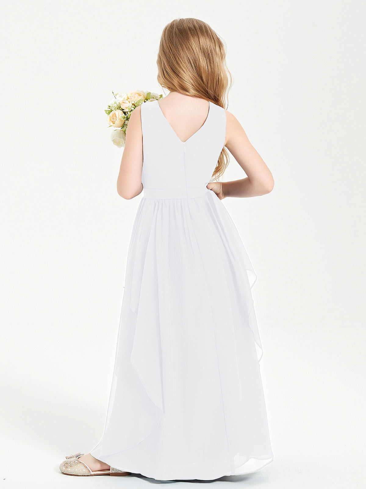 Boho Sleeveless Junior Chiffon Bridesmaids Gown White